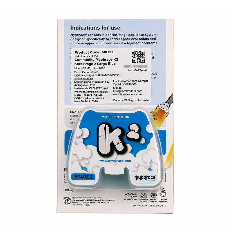 MRC Myobrace K2 for Kids trainer appliance from Myofunctional Research Co. shown in the image, designed for orthodontic support in children.