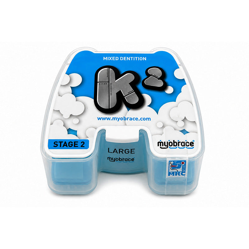 Myofunctional Research Co. MRC Myobrace K2 trainer appliance for kids, showing a close-up of the dental splint in a child's mouth.
