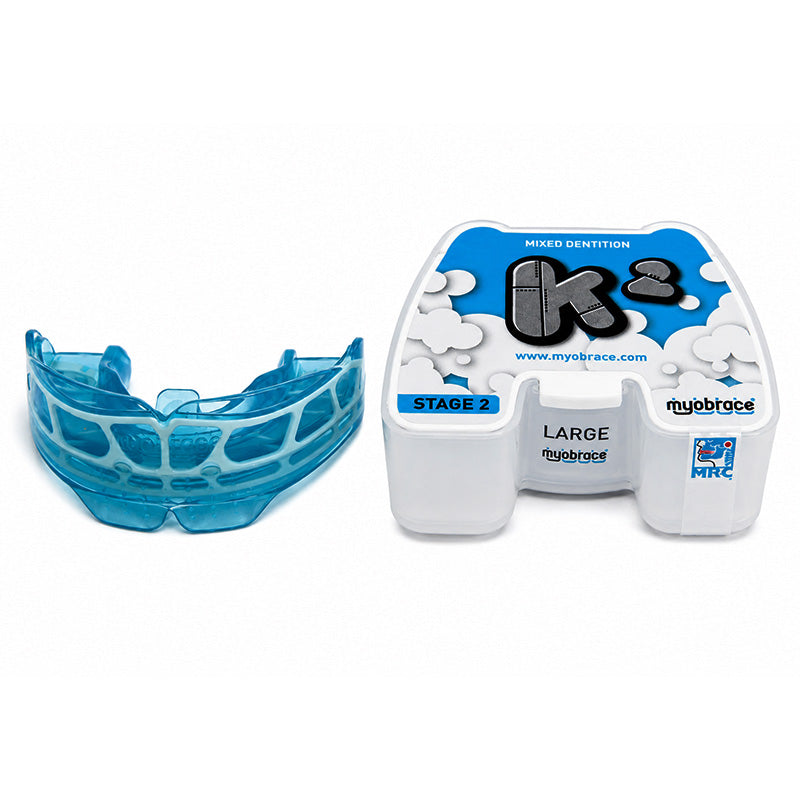 Myobrace K2 trainer appliance for kids by Myofunctional Research Co., showing a pediatric orthodontic splint and appliance in use.
