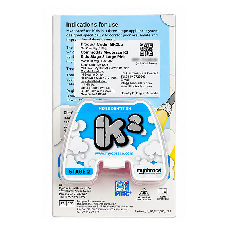 Myobrace K2 trainer appliance for kids by Myofunctional Research Co. shown in the image, designed to improve oral habits and jaw development.