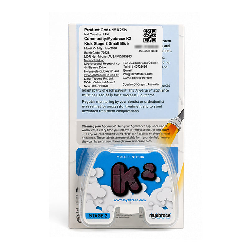 Myobrace K2 trainer appliance for kids by Myofunctional Research Co., showing the orthodontic splint device in a child's mouth.