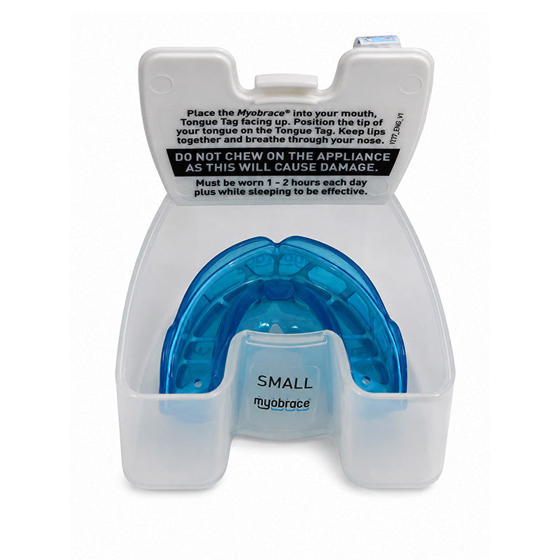 MRC Myobrace K2 trainer appliance for kids by Myofunctional Research Co., showing a pediatric orthodontic splint in white plastic.
