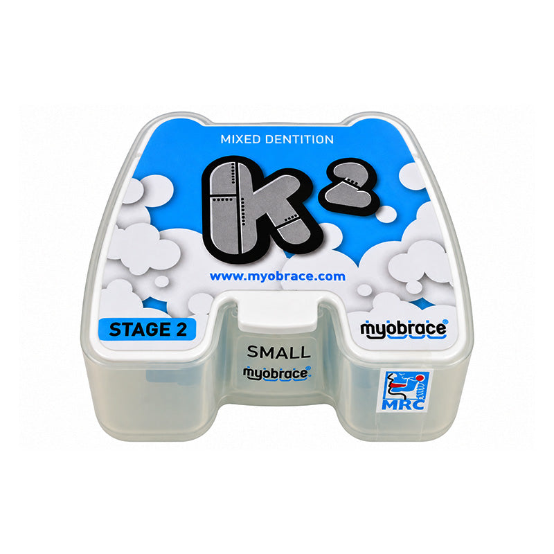 Kids' Myobrace K2 trainer appliance from Myofunctional Research Co. shown in a clear image with the device on a model's teeth.