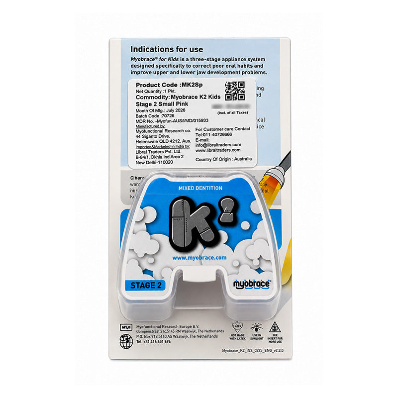 Myobrace K2 trainer appliance for kids by Myofunctional Research Co., shown in the image with the clear orthodontic device.
