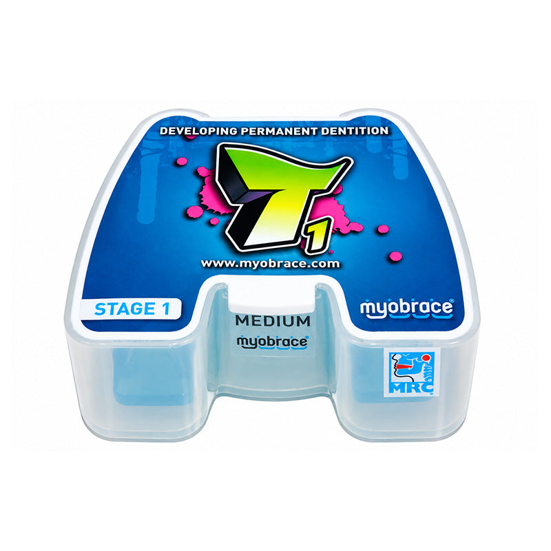 Myofunctional Research Co. Myobrace trainer appliance for teens, showing a clear mouthguard used for orthodontic correction.