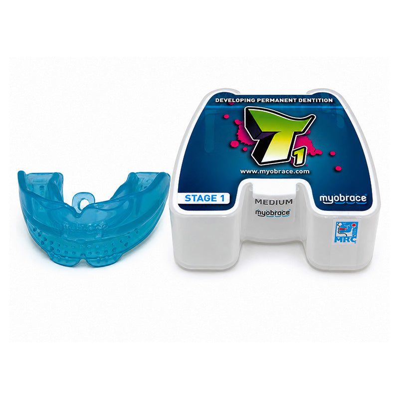 Myofunctional Research Co. MRC Myobrace trainer appliance for teens, showing a clear orthodontic splint with adjustable straps.