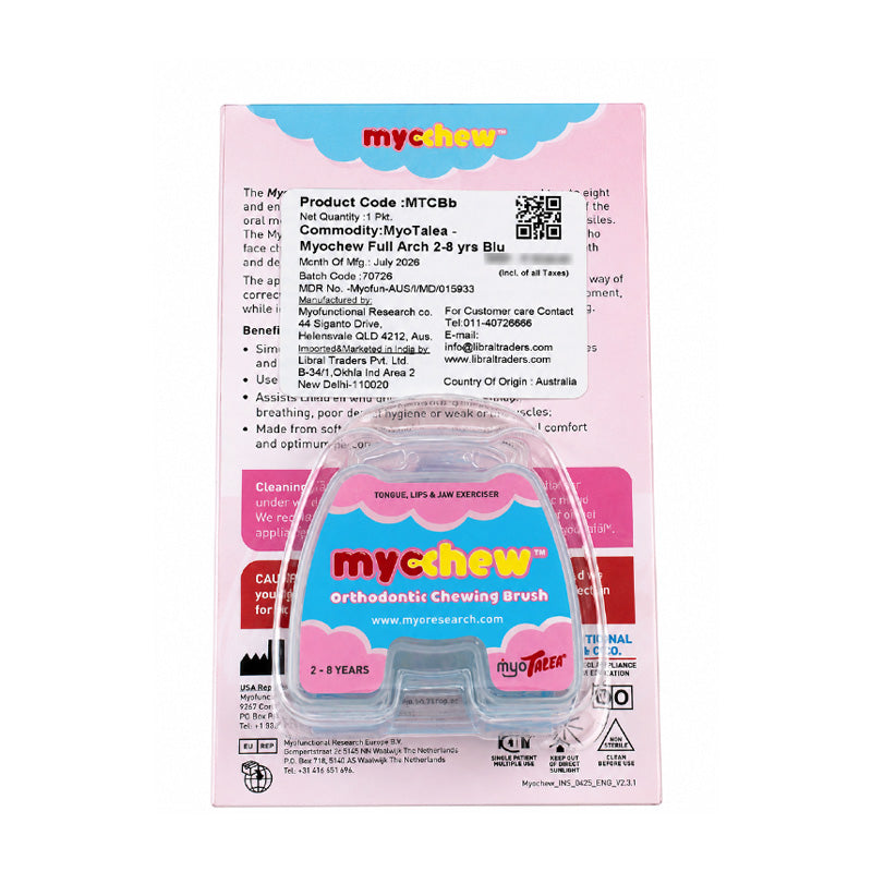 Blue Myotalea Myochew trainer appliance by Myofunctional Research Co. designed for orthodontic support and muscle training.