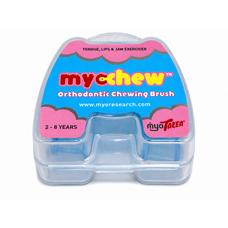 Blue Myotalea Myochew trainer appliance from Myofunctional Research Co. used for jaw and bite training.