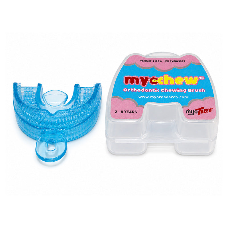 Blue Myotalea Myochew trainer appliance from Myofunctional Research Co. designed for orthodontic and myofunctional therapy.