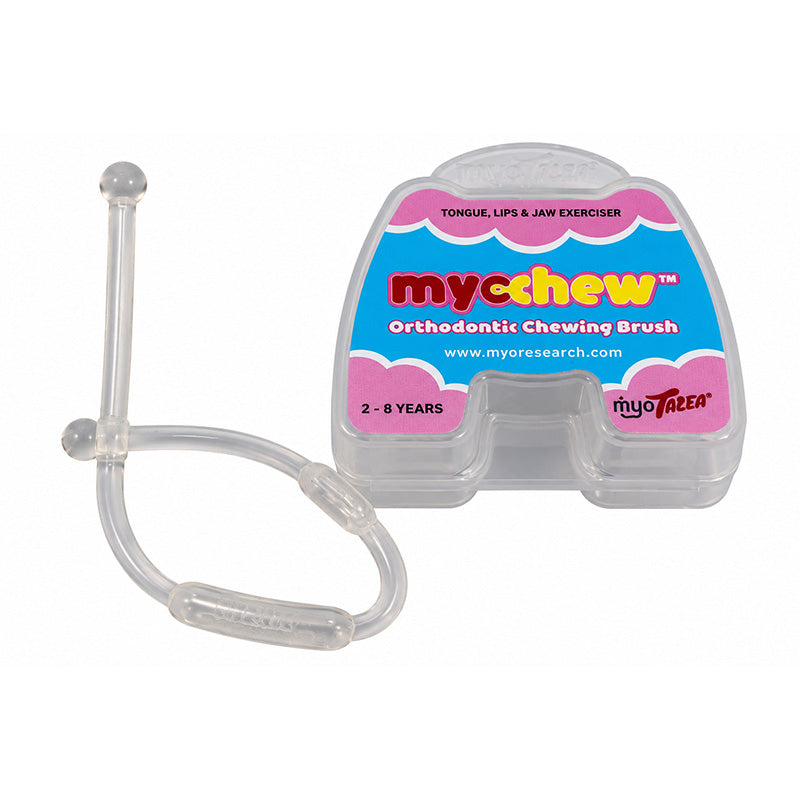 Myofunctional Research Co. Myotalea Myochew Clear trainer appliance for orthodontic support and jaw alignment.