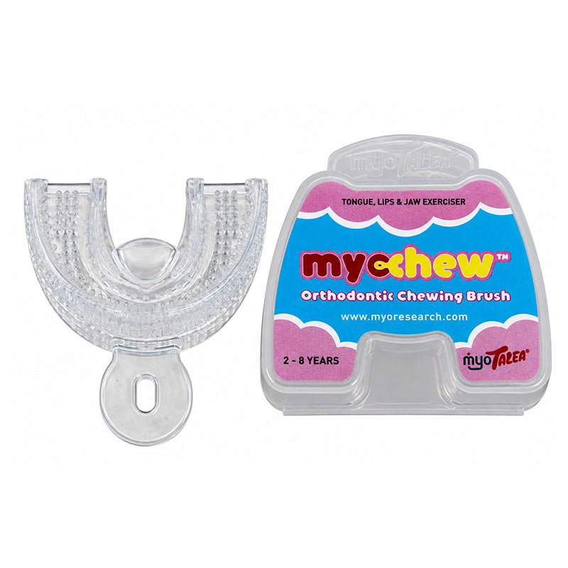 Clear Myotalea Myochew trainer appliance from Myofunctional Research Co. designed for orthodontic and myofunctional therapy.