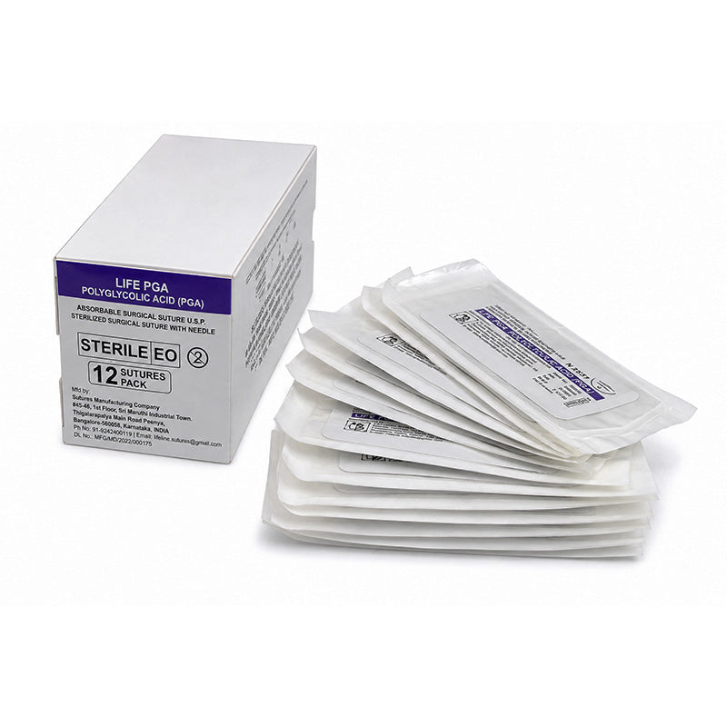 LIFELINE Life Polyglycolic Acid (PGA) 20mm round-bodied absorbable suture with needle, half-circle design, for surgical use.