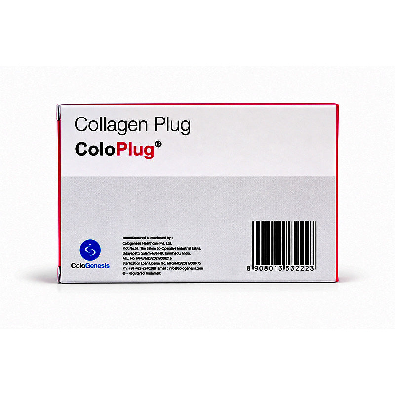 Sterile resorbable collagen sponge plug by Cologenesis Healthcare, used for tissue regeneration and wound healing.