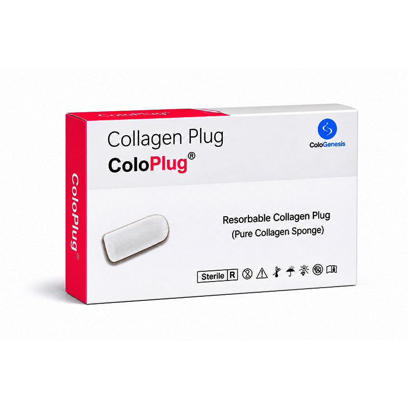 Sterile Cologenesis Colo Plug collagen sponge, resorbable membrane for medical use, shown in image with smooth, white porous surface.
