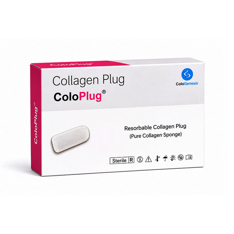 Sterile resorbable collagen sponge plug from Cologenesis Healthcare, used as a membrane for medical or dental applications.