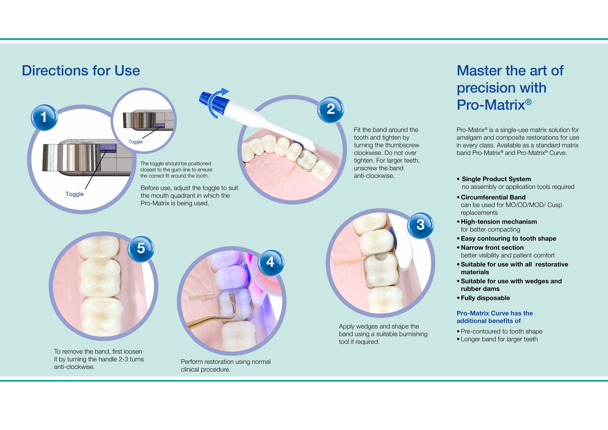 Asetek Pro-Matrix Bands for dental procedures, showing flexible metal matrix bands used for tooth restoration.