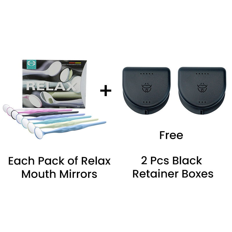 Hahnenkratt Relax Mouth Mirrors for dental diagnostics, showing reflection tools and mirror handles on a white background.