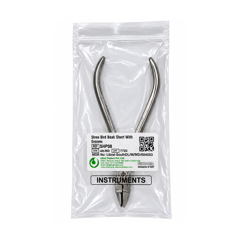 Shree Orthodontics light wire and bird beak plier with grooved short jaws for precise wire bending and manipulation.