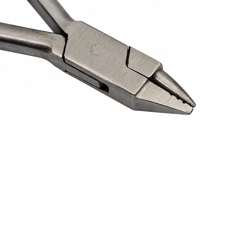 Shree Orthodontics Light Wire & Bird Beak Plier with grooves, short size, used for precise orthodontic wire adjustments.