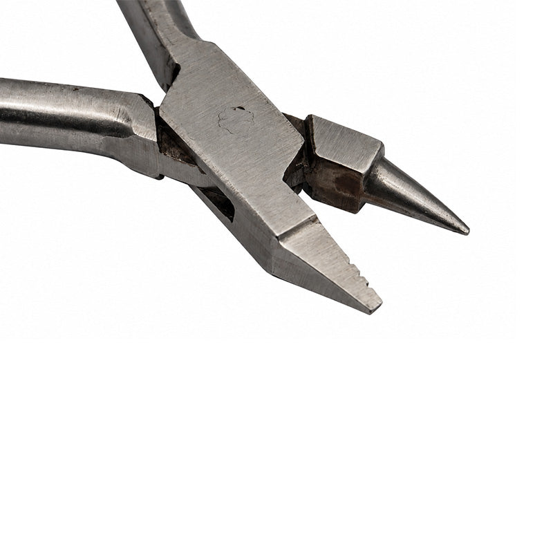 Shree Orthodontics Light Wire & Bird Beak Plier with grooves, short size, used for orthodontic wire handling and shaping.