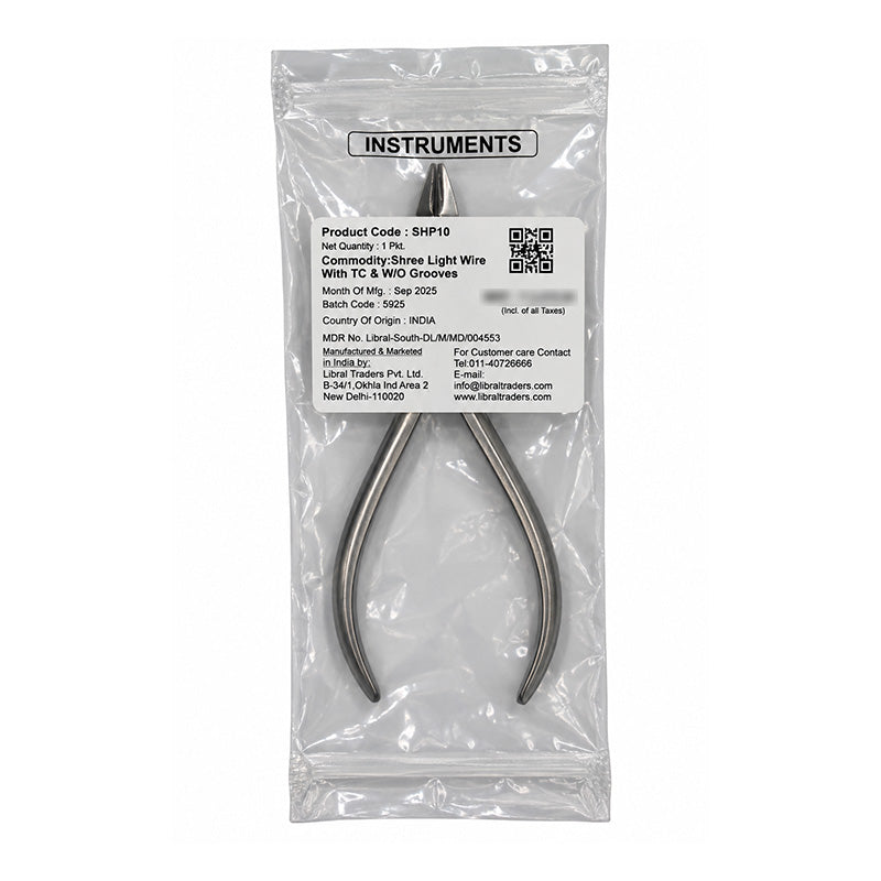 Shree Orthodontics Light Wire and Bird Beak Plier with TC, no grooves, metal tool for precise orthodontic wire work.