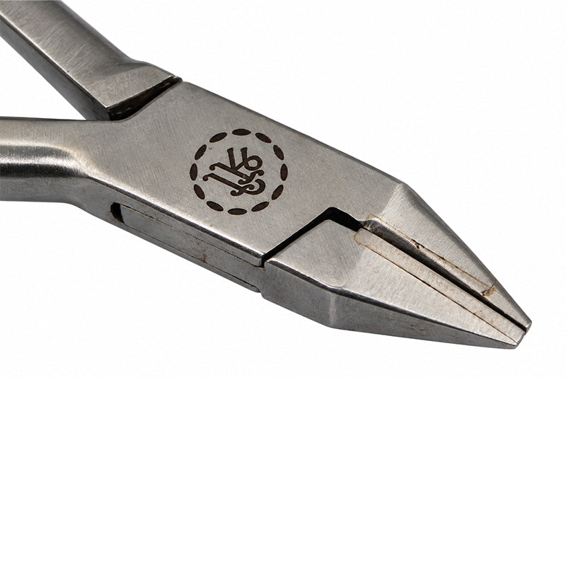 Shree Orthodontics light wire and bird beak plier with TC, no grooves, showing the tool's slim, curved tip for precise wire work