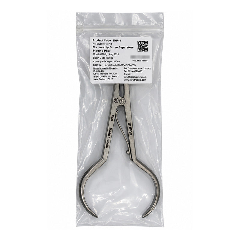 Shree Orthodontics Separator Placing Plier used for applying orthodontic separators, with a metallic handle and slender tip.