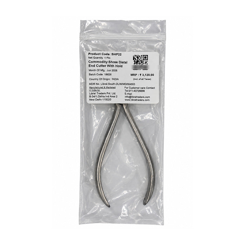 Shree Orthodontics distal end cutter with safety hold, stainless steel orthodontic tool for precise trimming of wires and brackets.