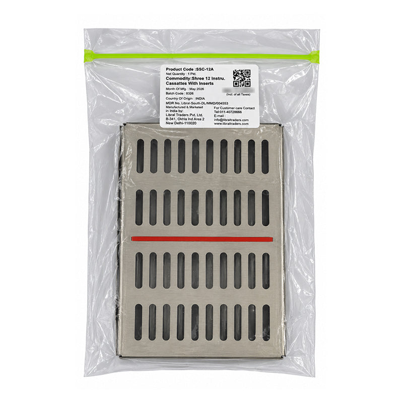 Shree Instrument sterilization cassette with metal clasps and secure locking for dental sterilization, branded by Shree Orthodontics.