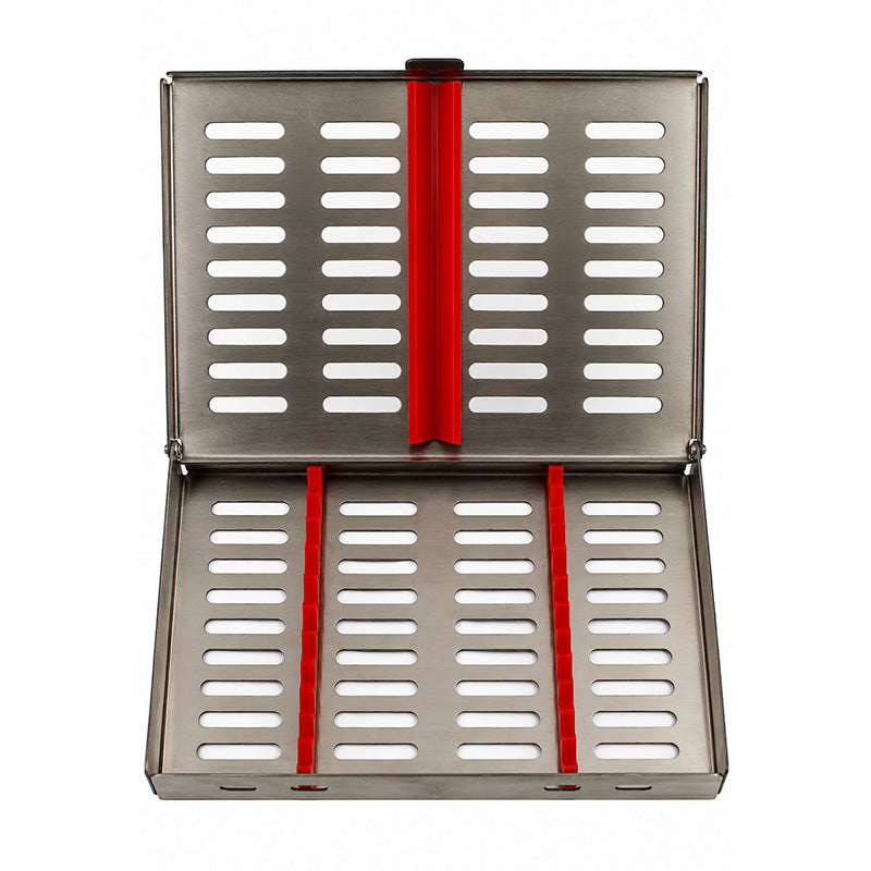 Sterilization cassette by Shree Orthodontics with multiple compartments, durable metal construction, and secure locking mechanism.