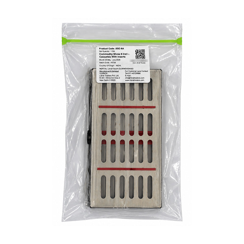Shree Instrument sterilization cassette, model SSC-6A-1, with secure slots and stainless steel construction for dental sterilization.