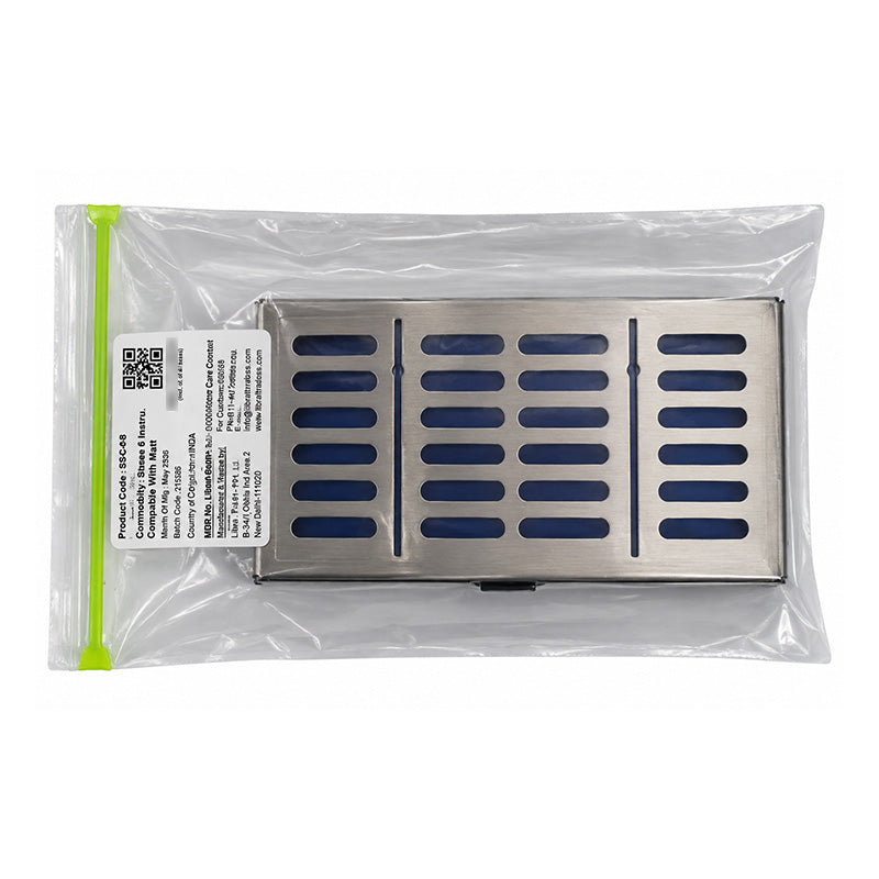 Shree Orthodontics sterilization cassette SSC-6B-1 with secure clasps and durable metal construction for dental instrument sterilization.
