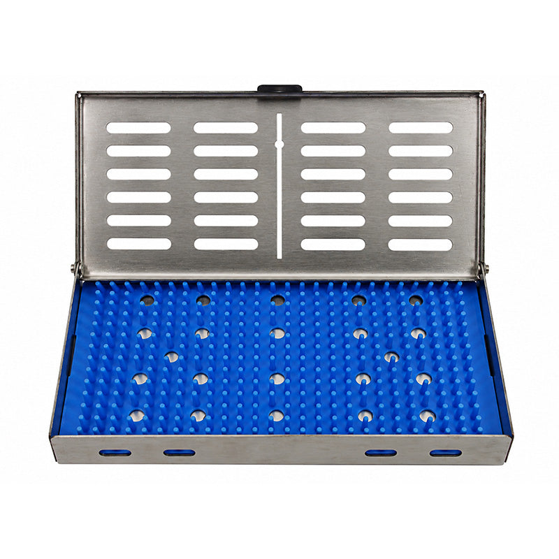 Shree Instrument sterilization cassette in stainless steel with secure latches, designed for orthodontic instrument sterilization.