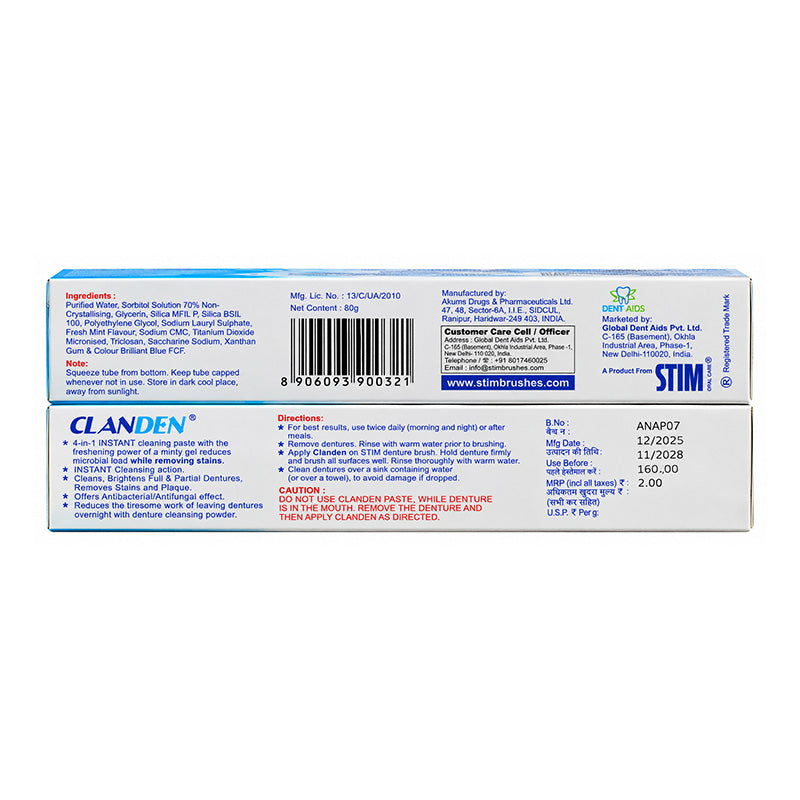 Close-up of STIM Claden Instant Denture Cleaning Paste tube, a denture adhesive product with a white and blue packaging design.