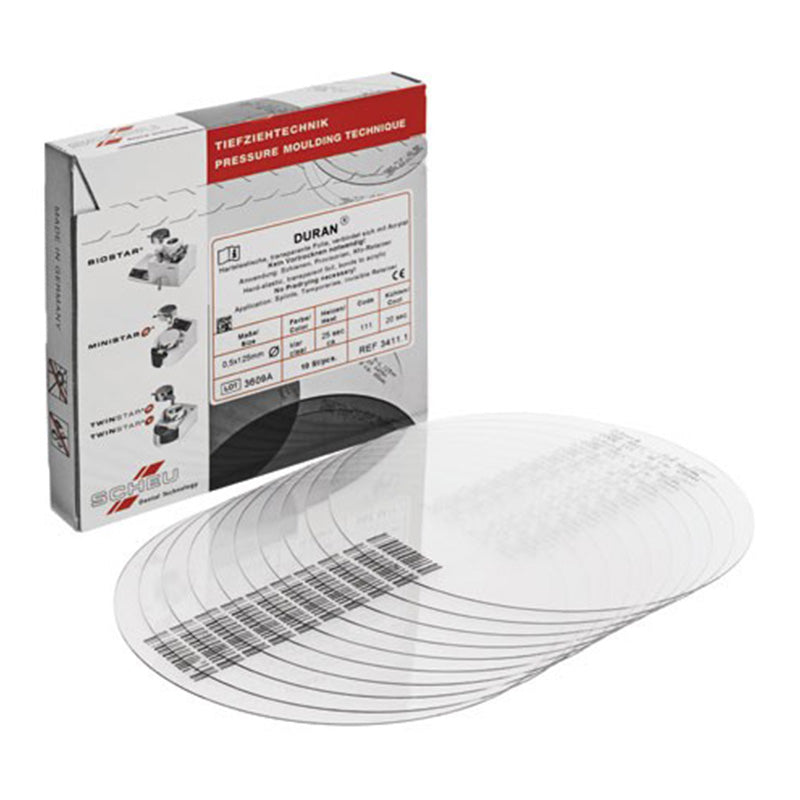 Scheu-Dental Duran+Plus integrated insulation foil round sheets, 125 mm, for dental applications, shown in the image.