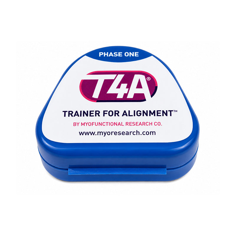 Myofunctional Research Co. T4A Phase 1 Medium Blue Trainer appliance for dental alignment, showing the blue plastic device.