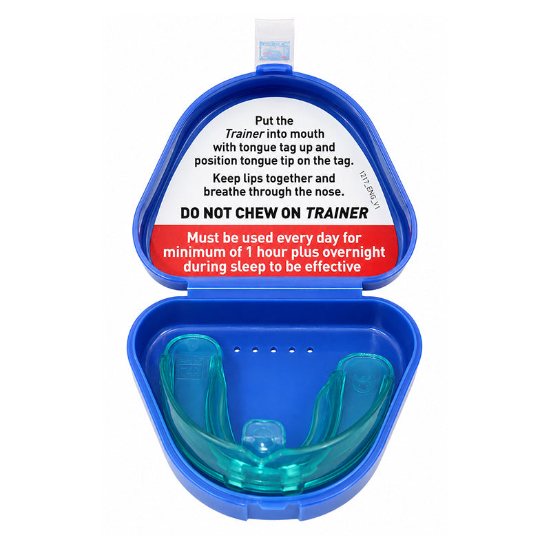 Medium blue T4A Phase 1 MRC Trainer appliance for alignment by Myofunctional Research Co. shown in the image.