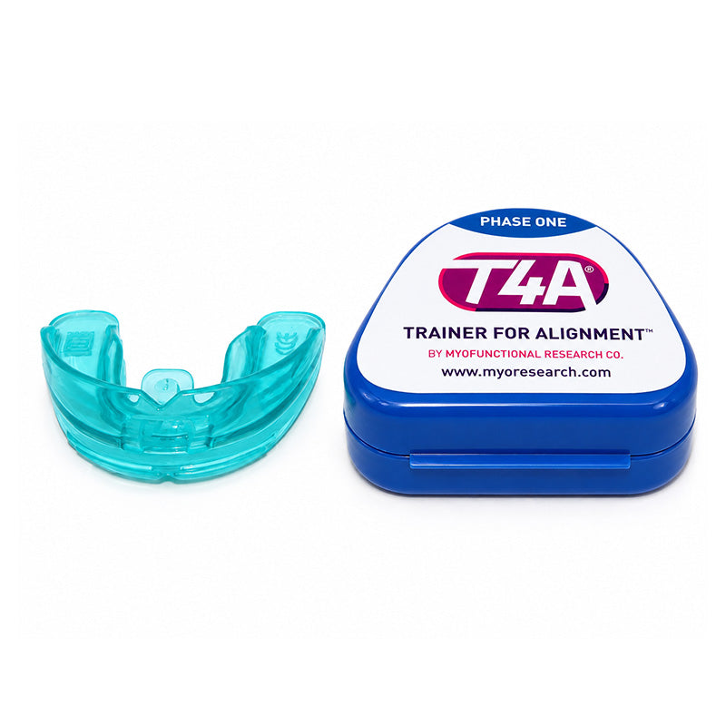 Medium blue T4A Phase 1 MRC Trainer for alignment by Myofunctional Research Co. appliance, designed for orthodontic support.