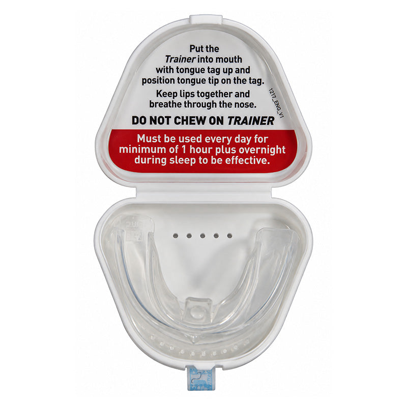 Clear MRC Trainer T4B appliance for braces by Myofunctional Research Co. shown with adjustable design and soft material.