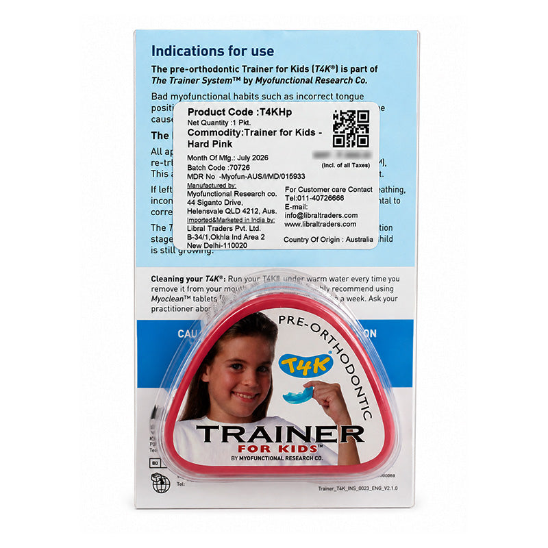 Myofunctional Research Co. T4K Trainer T4KHP-1 for kids, pink phase 2 appliance, designed for orthodontic training and oral therapy.