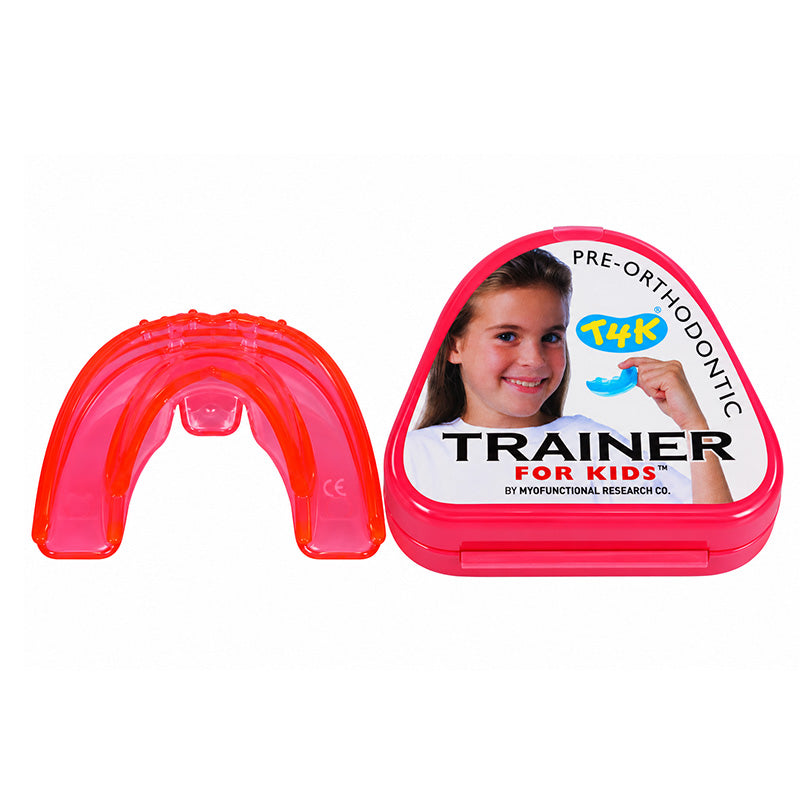 Myofunctional Research Co. T4K Trainer for Kids Phase 2 in bright pink, designed for orthodontic training and appliance use