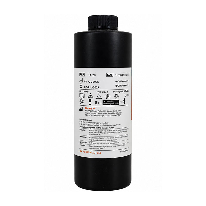 Graphy Direct Aligner Resin TA-28 for dental 3D printing, showing the resin container with label and nozzle.