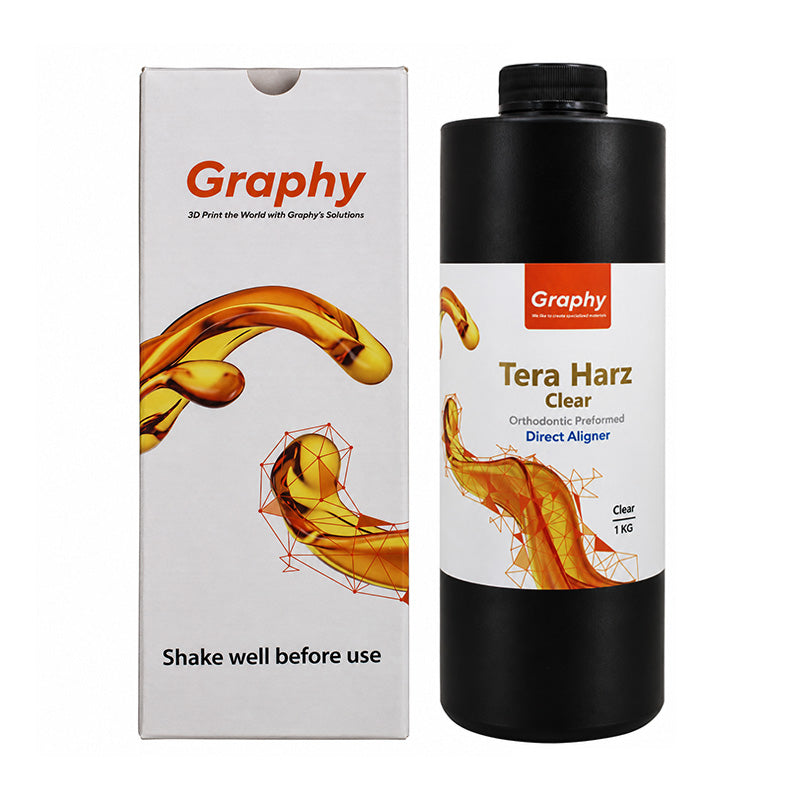 Graphy TA-28 direct aligner resin in a container, showcasing the Graphy brand and the resin's packaging for dental alignment applications.