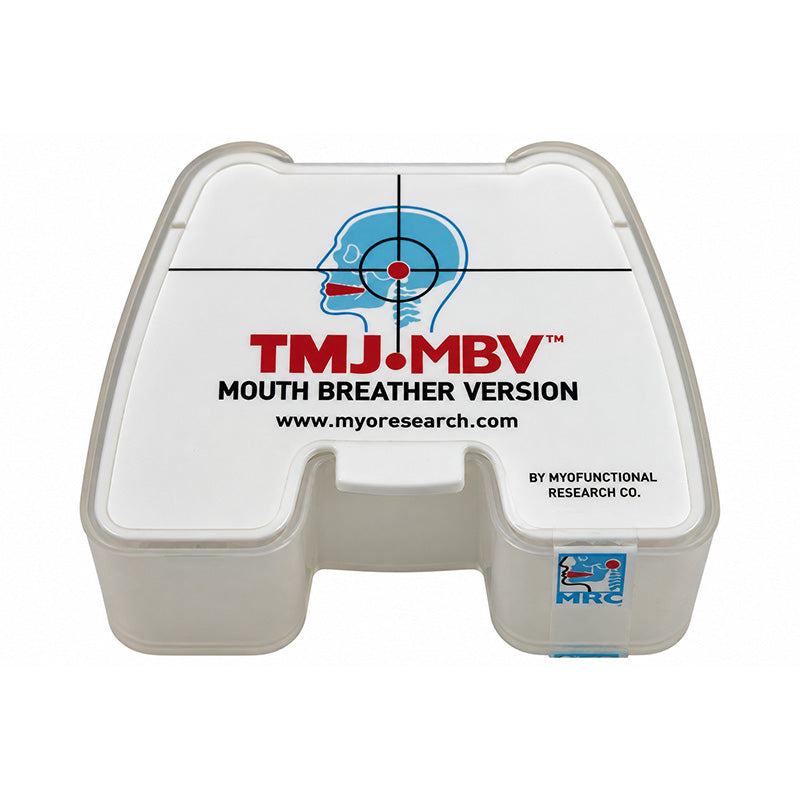 Myofunctional Research Co. TMJ-MBV appliance for mouth breathers and snoring, showing the mouthpiece and appliance components.