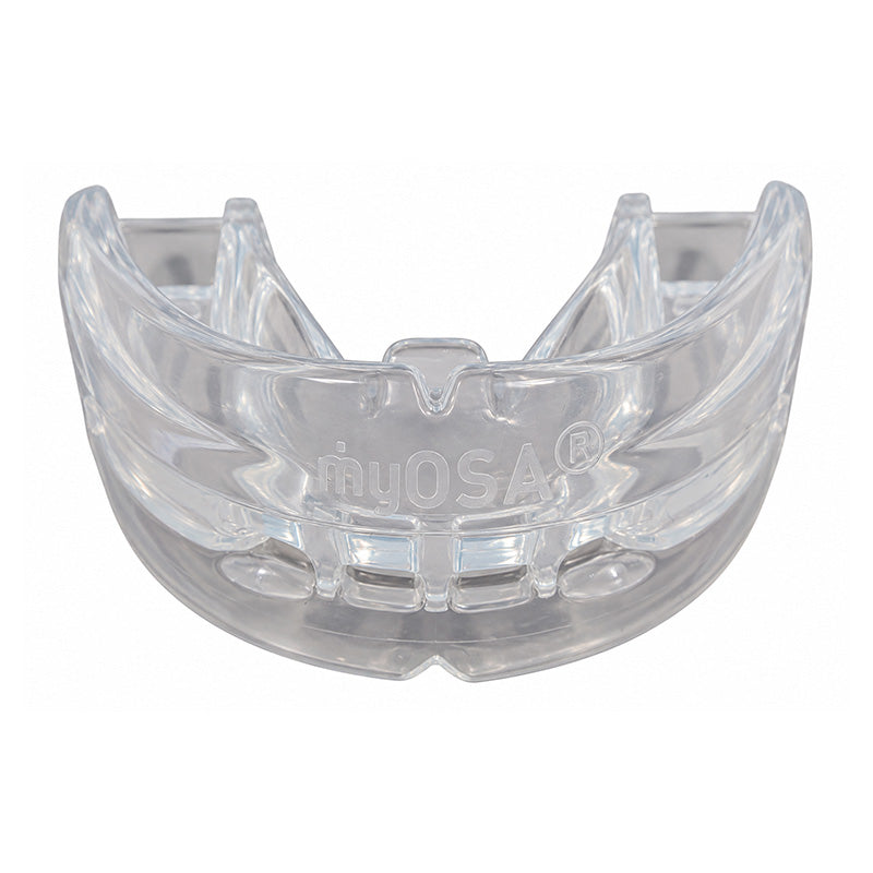 Myofunctional Research Co. TMJ-MBV appliance for mouth breathers and snoring, shown in a clear view of the mouth splint.