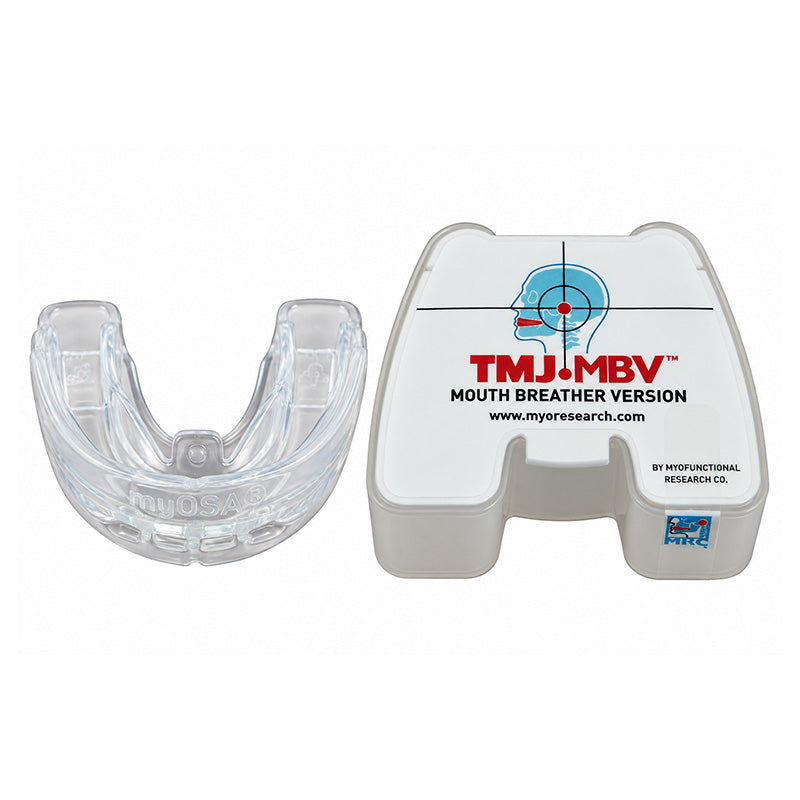 Myofunctional Research Co. MRC Trainer TMJ-MBV appliance for mouth breathers and snoring, showing the mouthpiece design.
