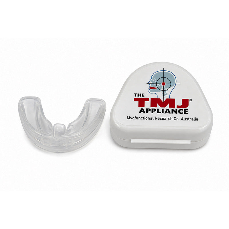 Clear MRC Trainer TMJ Appliance by Myofunctional Research Co., showing a sleek, transparent orthodontic splint designed for TMJ therapy.