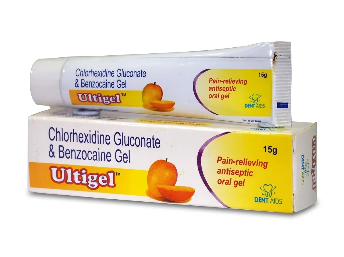 STIM Ultigel antiseptic dental pain relief gel shown in a tube, designed to soothe and disinfect oral discomfort.