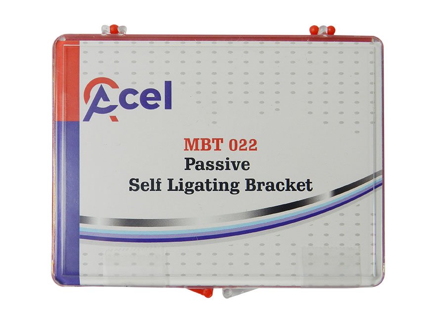 Pack of 20 Accel Passive Self Ligating Brackets MBT .022 for orthodontic treatment, showing the brackets with clear slots.