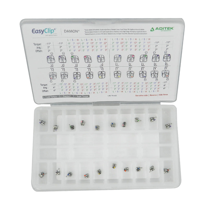 Aditek Easyclip SLB Passive 022 metal orthodontic brackets kit with multiple brackets for braces treatment.